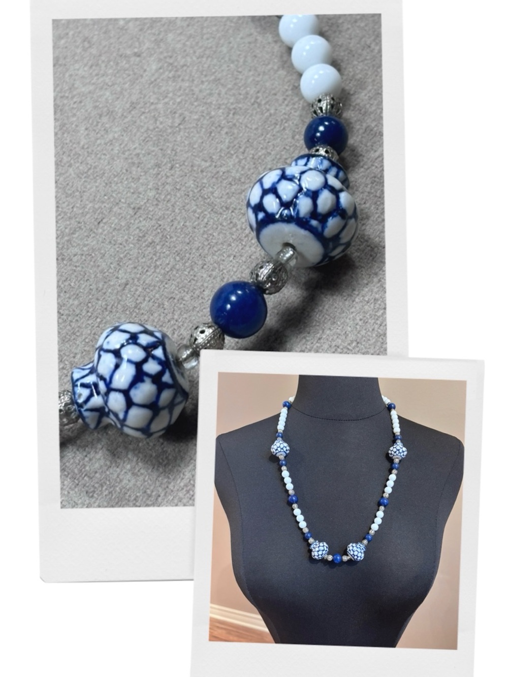 Cottagecore Blue & White Porcelain-Inspired Beaded Necklace